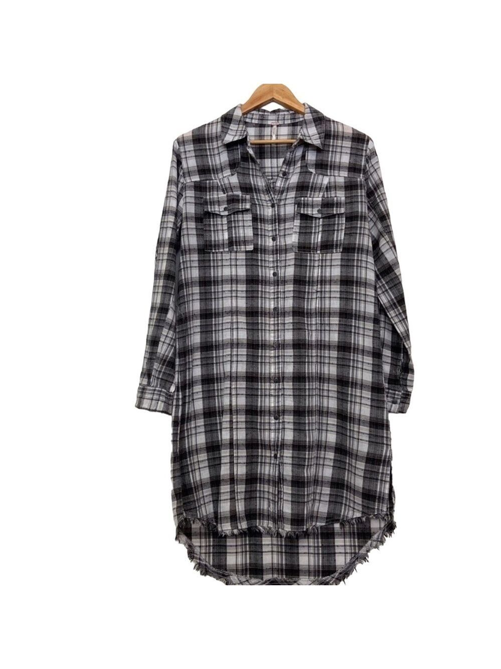 Free people dress tunic plaid black white fringe size small lightweight cotton